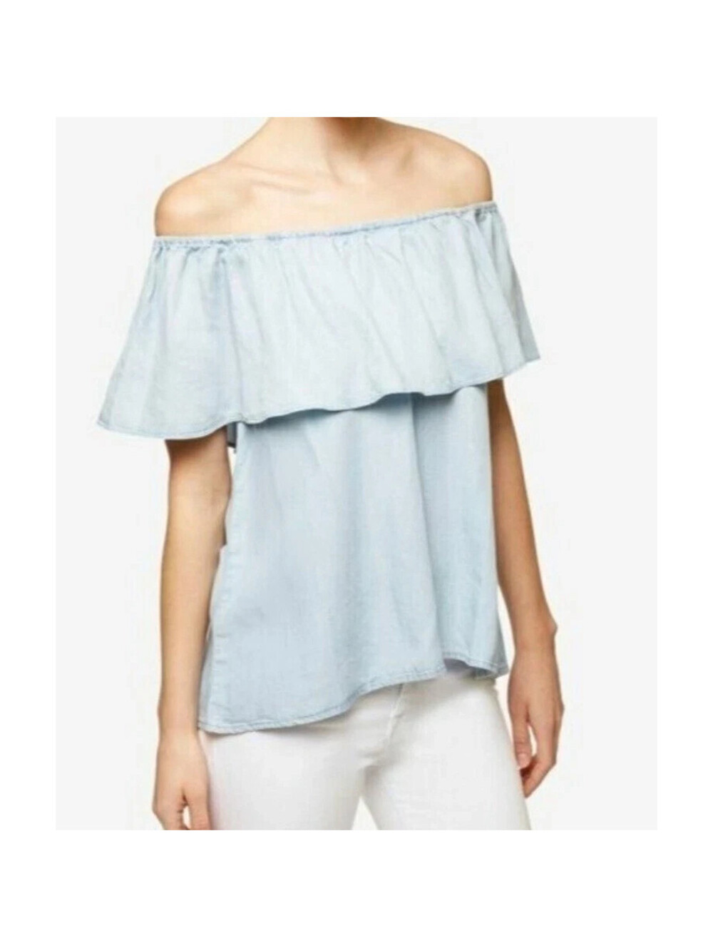 Sanctuary S Chambray Misha Off The Shoulder Ruffle Top Blue Denim Boho Flutter